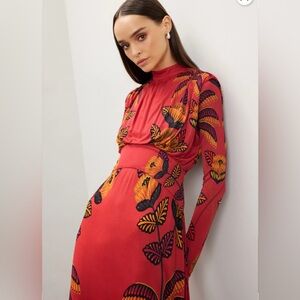 FARM Rio Red and Orange Floral Long Sleeve Dress